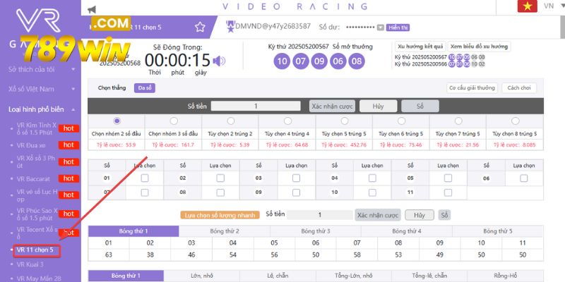 Lựa chọn trò chơi VR 11 chọn 5 bắt đầu dự đoán con số may mắn