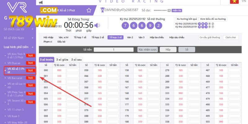 Nhấn vào trò chơi VR Xổ Số 3 Phút ngay trên giao diện chính thức