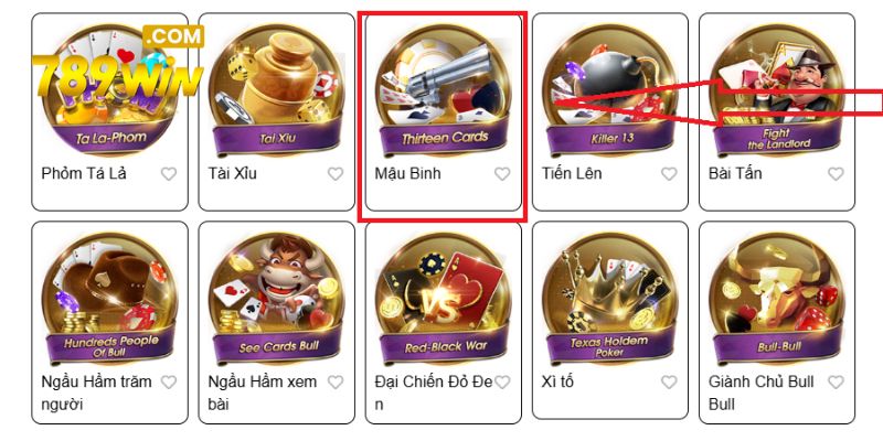 Lựa chọn trò chơi Mậu Binh ngay trên giao diện