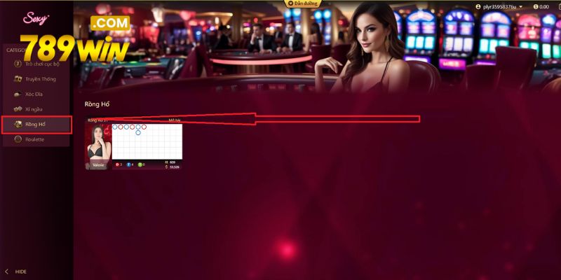 Lựa chọn trò chơi rồng hổ trên giao diện của nhà cái